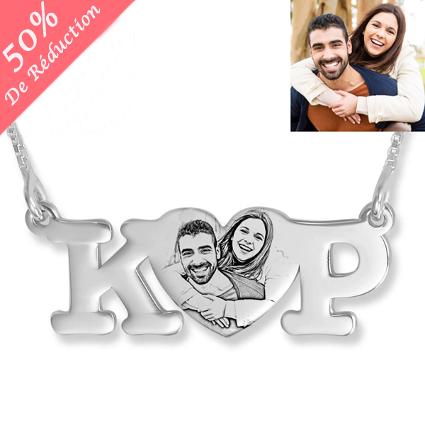 Personnaliser Coeur Lettres Photo Collier Argent Sterling