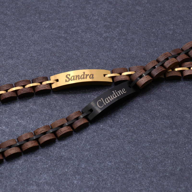 Bracelet nom personnalisé en acier et bois titane